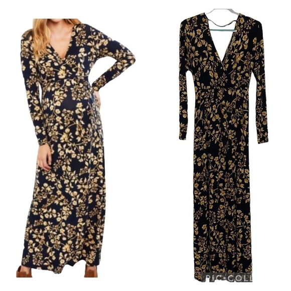 JESSICA SIMPSON MATERNITY Size Large NAVY BLUE & GOLD FLORAL V-NECK MAXI DRESS - Picture 1 of 12